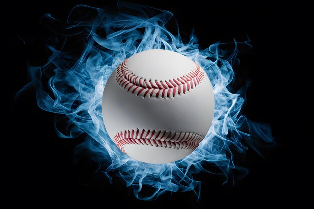 Baseballball auf hellblauen Flammen auf schwarzem Hintergrund 3D-Render-Foto, das Sport darstellt