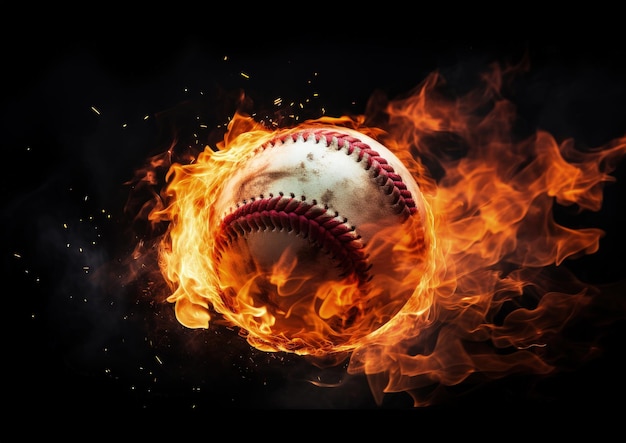 Baseballball in Flammen auf schwarzem Hintergrund, digitale Illustration, generative KI