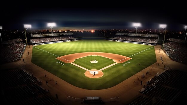 Baseballfeld bei Nacht mit Lichtern und Schatten generativer KI