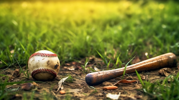 Foto baseballschläger und ball auf grünem gras mit verschwommenem sonnenlicht-hintergrund