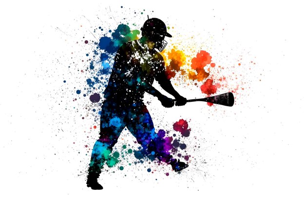 Baseballspieler mit mehrfarbigem Aquarellspritzer isoliert auf weißem Hintergrund. Durch neuronale Netzwerke erzeugte Kunst