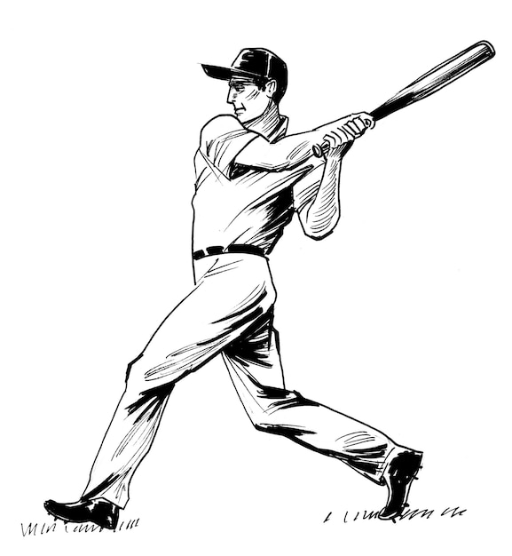 Baseballspieler mit Schläger. Tinte Schwarz-Weiß-Zeichnung
