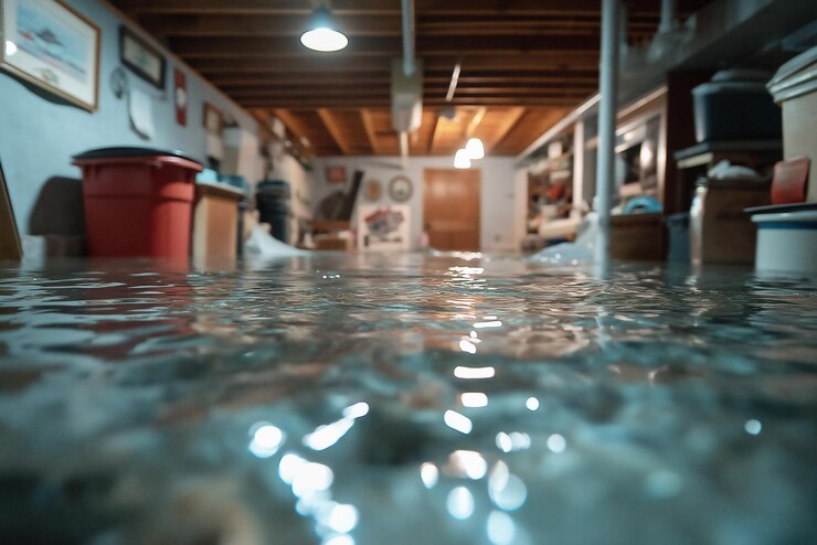 Foto basement inundado com água durante fortes chuvas em área residencial