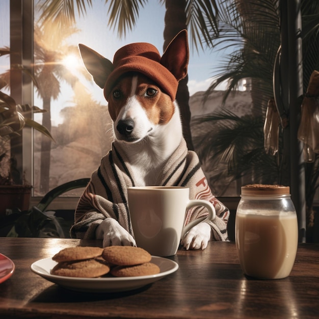 Basenji cão sentado em uma mesa servida com tampa de café e biscoitos contra o pano de fundo de um