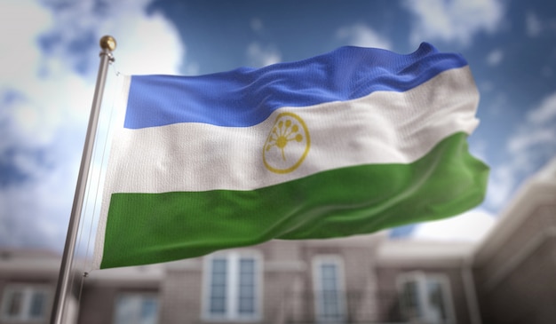 Bashkortostan Flagge 3D Rendering auf blauem Himmel Gebäude Hintergrund