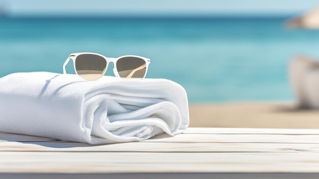 Foto básicos de la costa toalla blanca y gafas de sol en una mesa de madera en la playa