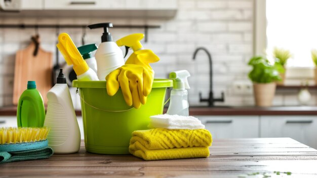 Foto básicos para la limpieza vibrante una variedad colorida de herramientas y guantes para un hogar inmaculado vista superior