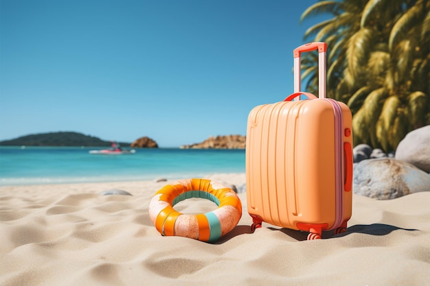 Básicos para la playa Maleta y anillo inflable en una playa de arena