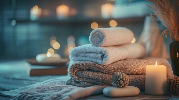 Básicos para la relajación Mesa de spa con toallas Vela y libros