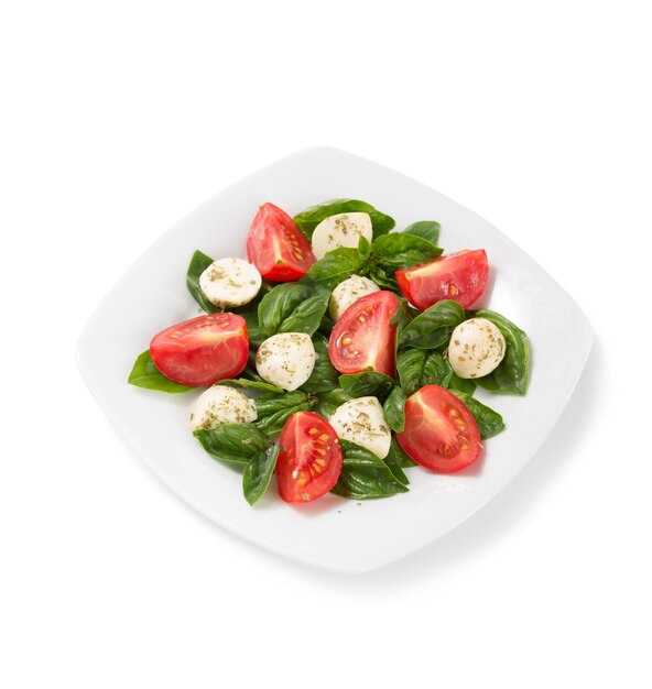 Basilikum, Mozzarella und Tomatensalat isoliert auf Weiß