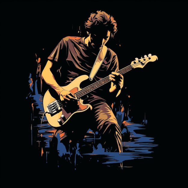 Basista desenhado à mão tocando guitarra T-shirt gráfico