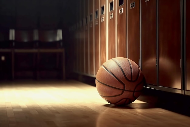 Basketball befindet sich in der Umkleidekabine der Turnhalle neben den Schließfächern für die Athleten