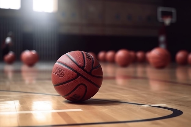 Basketball-Trainingsspiel-Hintergrund Basketball auf Holzplatzboden Nahaufnahme mit verschwommenen Spielern