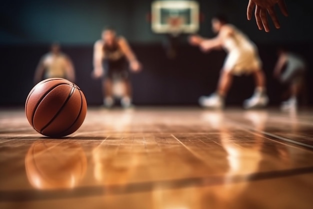 Basketball-Trainingsspiel-Hintergrund Basketball auf Holzplatzboden Nahaufnahme mit verschwommenen Spielern