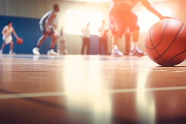 Basketball-Trainingsspiel-Hintergrund Basketball auf Holzplatzboden Nahaufnahme mit verschwommenen Spielern