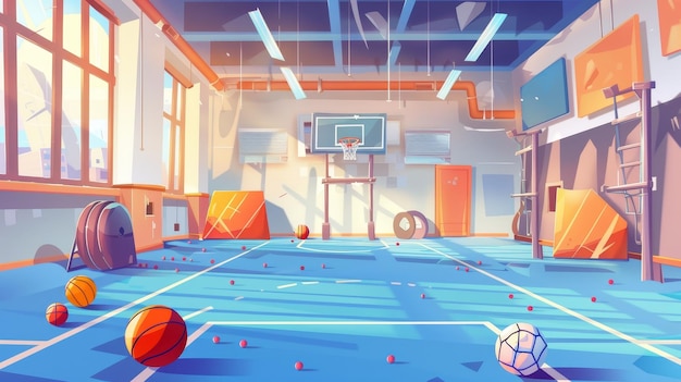 Foto basketball- und fußballbälle körbe an den wänden bars tribün pommel pferd leeres schul-gymnasium mit sportgeräten moderne illustration