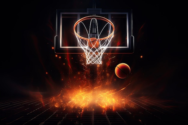 Basketball und Korb im Feuer 3D-Illustration des Sporthintergrunds KI generiert