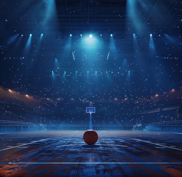 Basketball und Scheinwerfer in einem Stadion