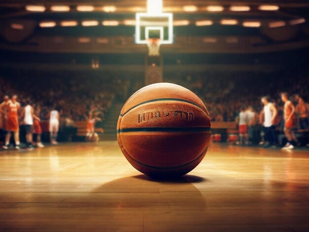 Basketballball auf dem Boden eines Basketballplatzes während des Spiels