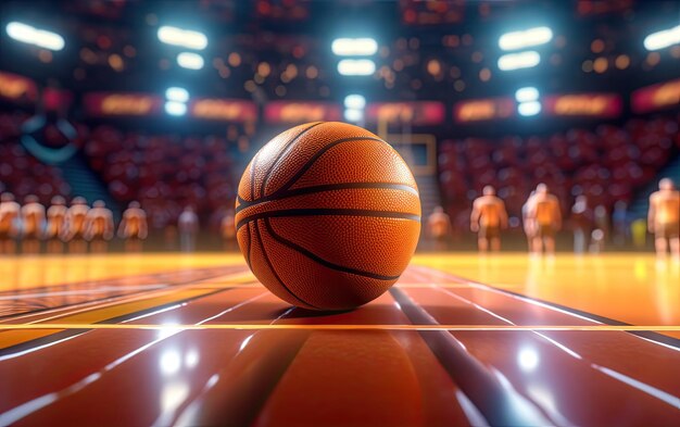 Basketballball auf einem Arena-Boden, Nahaufnahme, verschwommener Hintergrund des Stadions