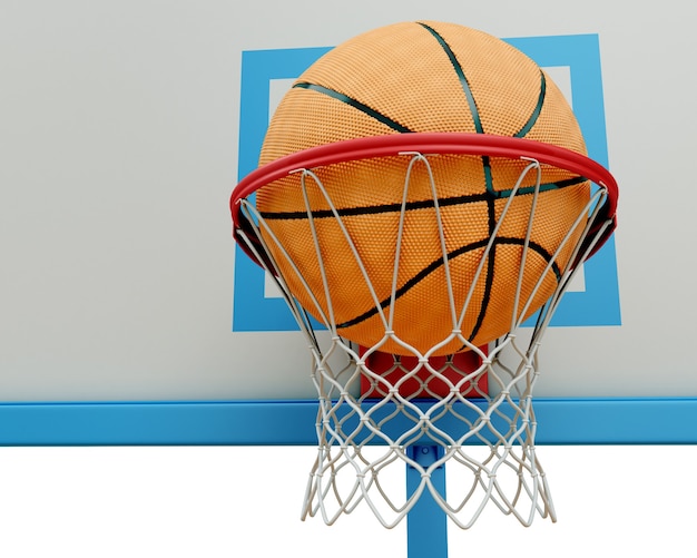 Basketballball, der in einen Basketballkorb im 3D-Renderbild fällt