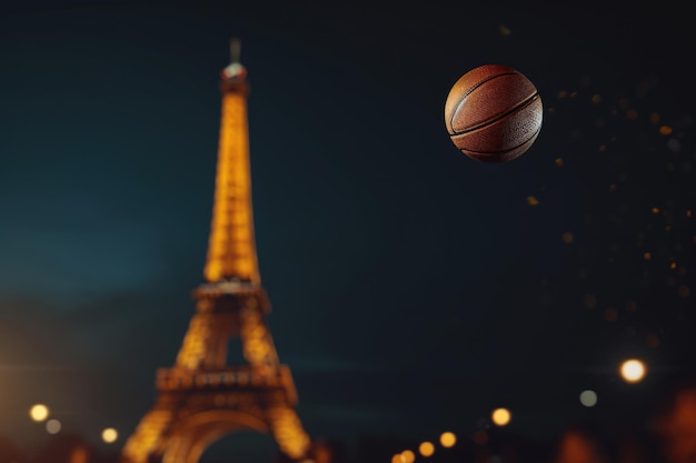 Basketballball fliegt nachts über den Eiffelturm in Paris, Frankreich