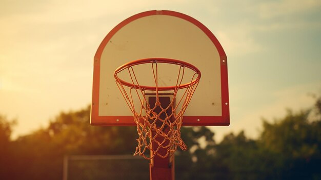 Basketballball in einem Netz gegen den Sonnenuntergang