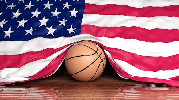 Basketballball mit Flagge der USA auf Parkettboden