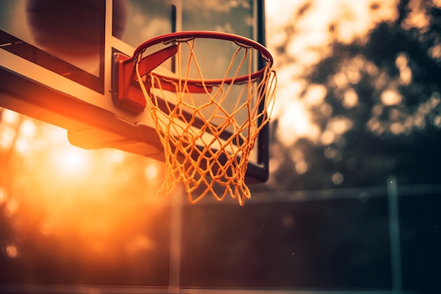 Basketballkorbnetz im Stadion bei Sonnenuntergang 1