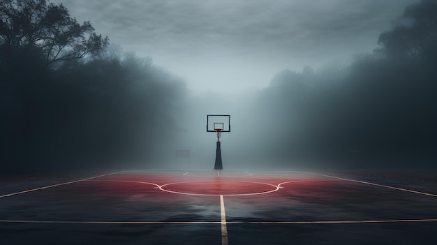 Basketballplatz in der nebligen Nacht