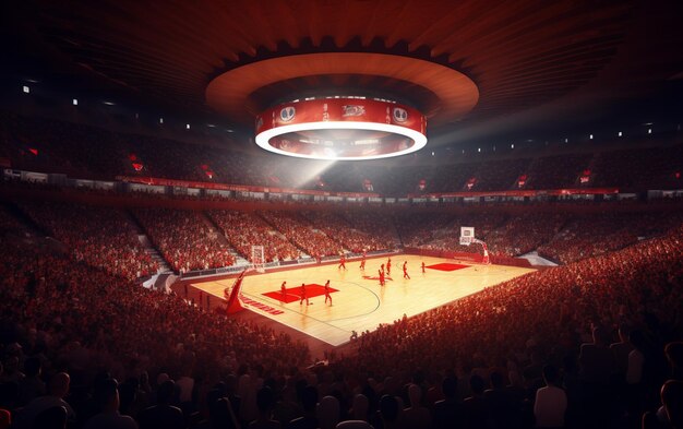 Basketballplatz mit Menschen-Fan-Sportarena Fotorealistischer 3D-Renderhintergrund