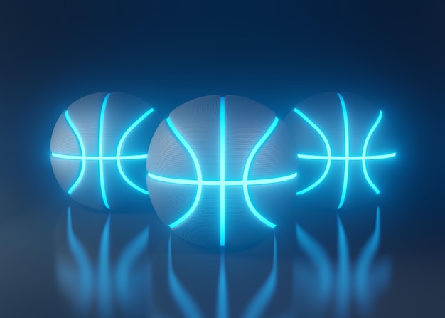 Basketballs mit futuristischen blauen leuchtenden Neonlichtern auf einem dunklen Hintergrund 3D-Rendering