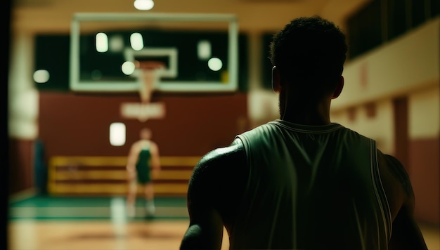 Basketballspieler, der ein Basketballspiel in einem dunklen Raum anschaut