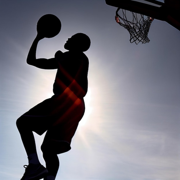 Foto basketballspieler-silhouette, die mit ball springt