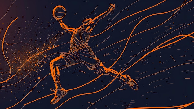 Basketballspieler springt, um zu erzielen Abstraktes Hintergrund mit dynamischen Linien Basketballspielerin in Aktion Sportillustration