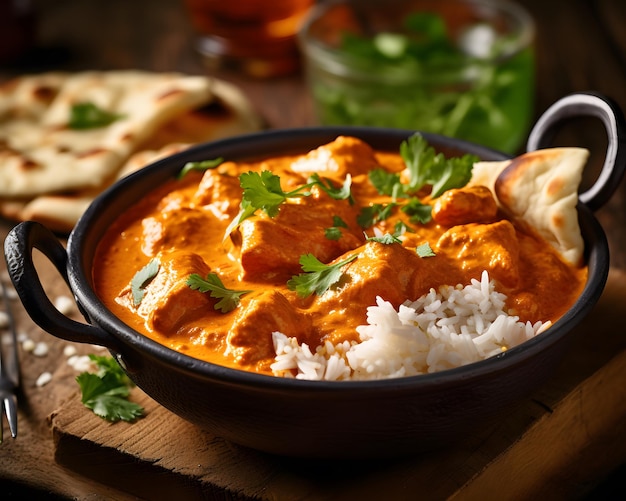 Basmatireis und Naan-Brot mit cremigem Chicken Tikka Masala Generative AI