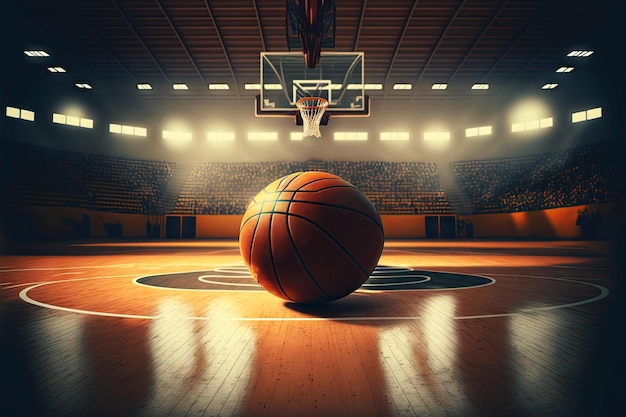 Foto basquete deitado no chão de madeira da quadra de basquete e iluminado por holofotes generativos ai