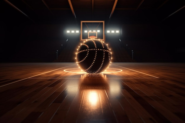 Basquete deitado no chão de madeira da quadra de basquete e iluminado por holofotes generativos ai