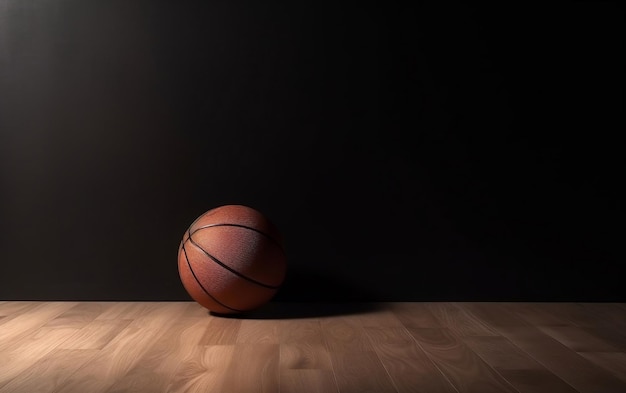 Basquete no chão de madeira na sala com fundo preto