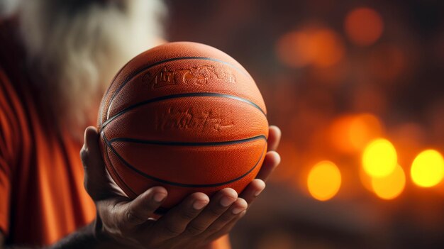 Foto basquetebol laranja em mãos fundo desfocado