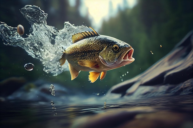 Bass-Fische, die aus Flusswasser springen, hergestellt durch generative KI