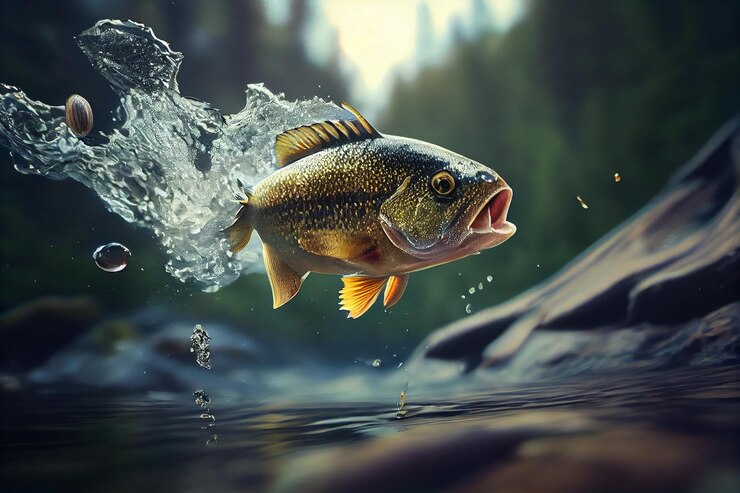 Bass fish saltando fuera del agua del río hecho bygenerative ai