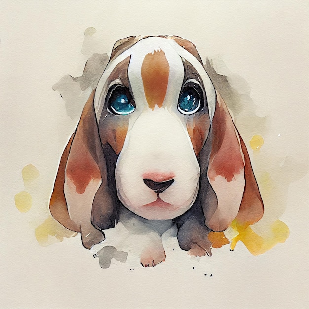 Basset Hound. Adorable cachorro de perro. Ilustración de acuarela con manchas de color. Todas las razas de perros