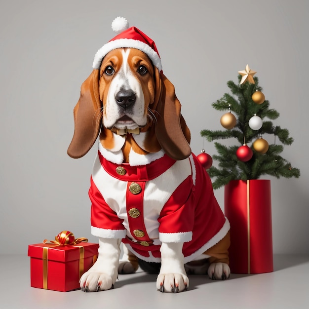 Basset Hound de cuerpo completo en disfraz de Navidad sobre fondo blanco