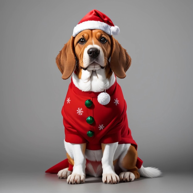 Basset Hound de corpo completo em traje de Natal em fundo branco