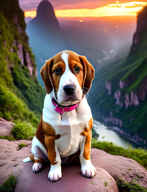 Basset Hound-Welpe auf einem Felsen mit Blick auf ein grünes Tal mit generativen Klippen