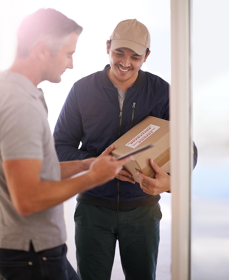 Foto basta assinar na parte inferior foto de um mensageiro fazendo uma entrega para um cliente sorridente