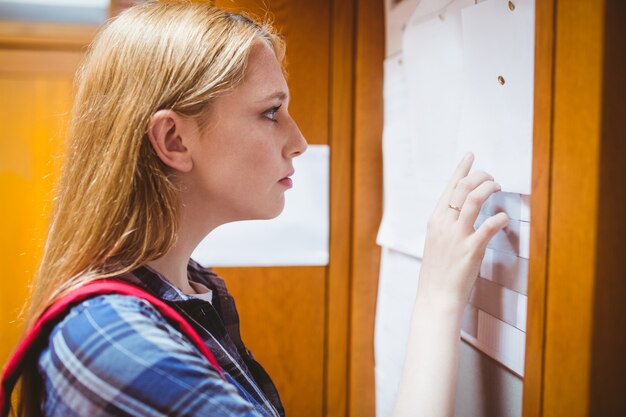 Foto bastante estudante que olha o quadro de avisos