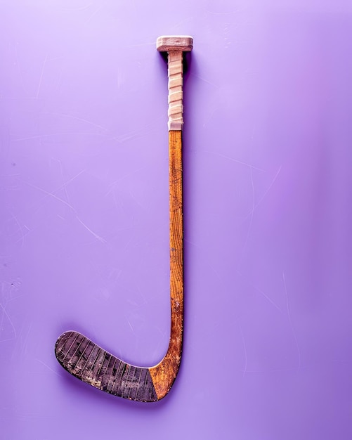 Foto bastão de hóquei de madeira vintage em fundo roxo equipamento desportivo clássico equipamento esportivo retrô