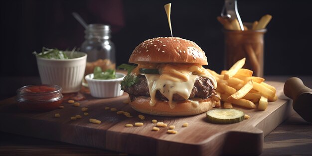 Basteln Sie Rindfleisch-Burger und Pommes Frites auf einem Holzbrett auf schwarzem Hintergrund. Generative KI-Inhalte